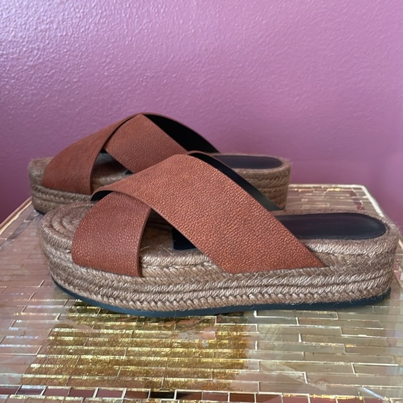 Allsaints size 37 brown leather platform slides w espadrille-style woven element - Picture 2 of 5